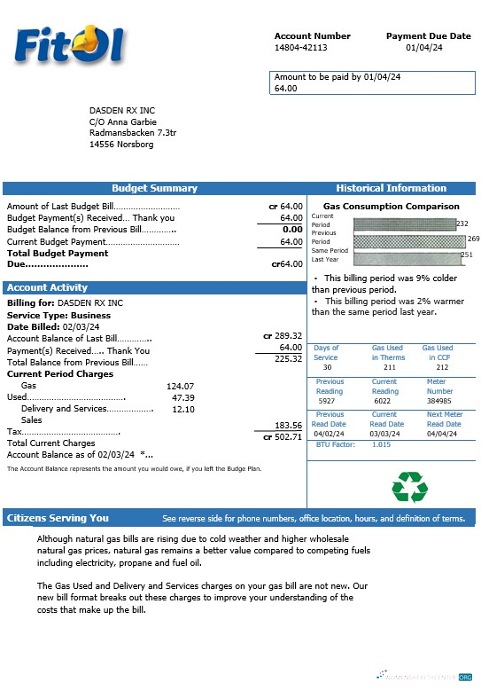 Download Sweden Fitol gas business utility bill template in Word and PDF formats Photoshop template